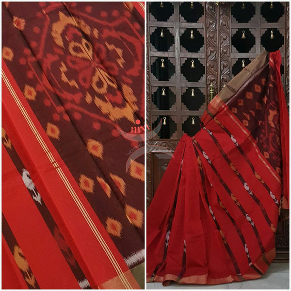 Red Pochampalli ikat merserised cotton saree with tissue border.