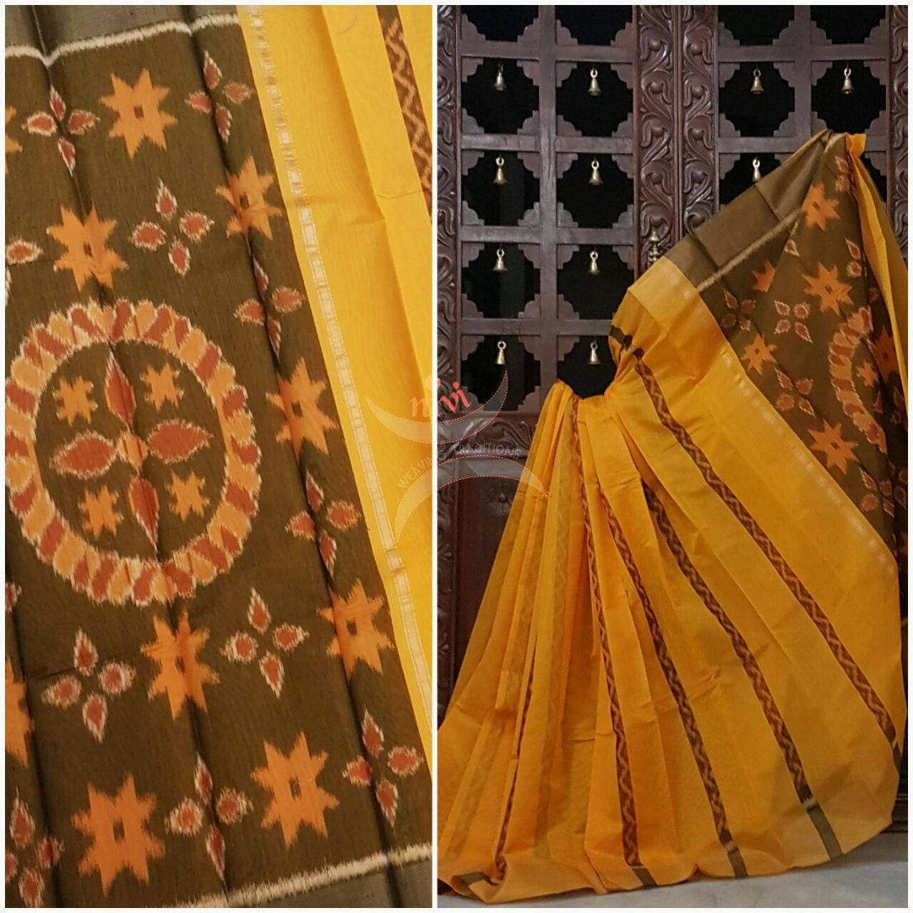 Yellow Pochampalli ikat merserised cotton saree with tissue border.