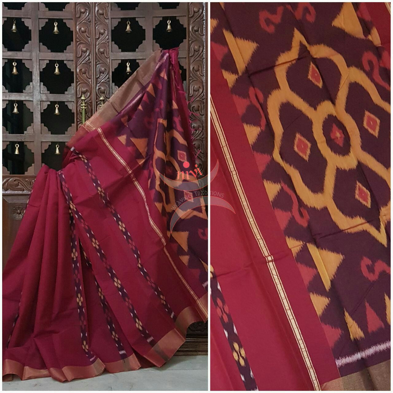 Maroon Pochampalli ikat merserised cotton saree with tissue border.