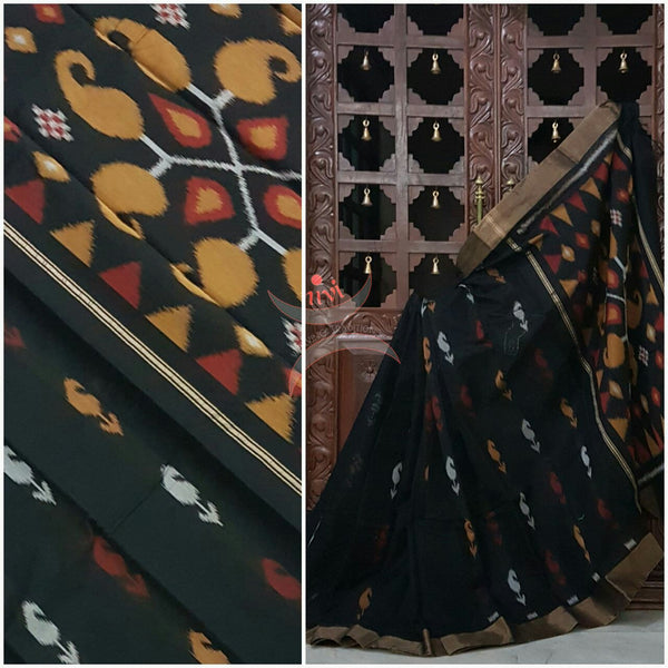 Black Pochampalli ikat merserised cotton saree with tissue border.