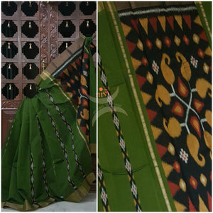 Mehendi Green Pochampalli ikat merserised cotton saree with tissue border.