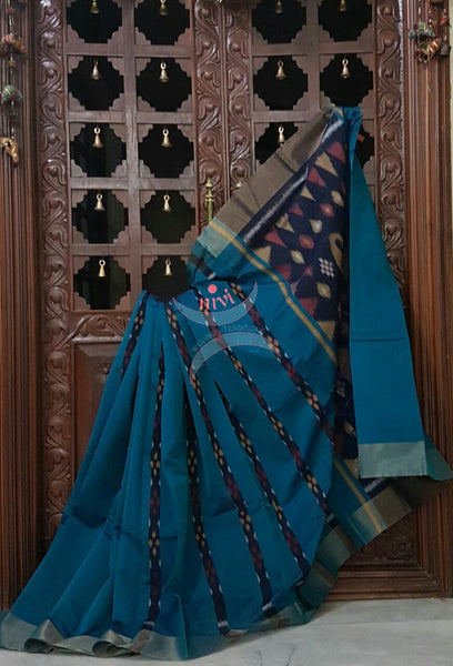 Blue Pochampalli ikat merserised cotton saree with tissue border.