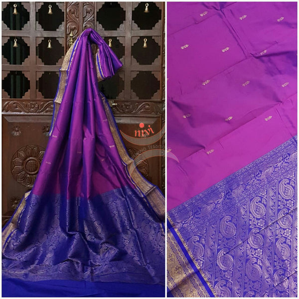 Purple with blue Handloom kanjivaram silk with Traditionally woven pallu and border.