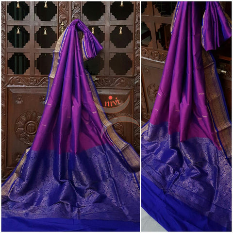 Purple with blue Handloom kanjivaram silk with Traditionally woven pallu and border.