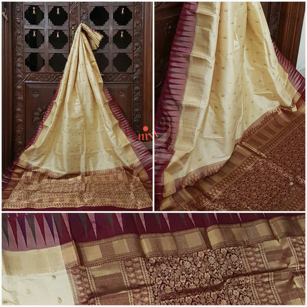 Cream with Maroon Handloom soft kanjivaram silk with Traditionally woven pallu and border.