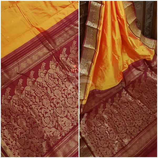 Mustard with Maroon Handloom kanjivaram silk with Traditionally woven pallu and border.