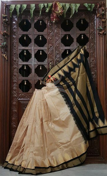 Gold with black Handloom soft kanjivaram silk with Traditionally woven pallu and border.