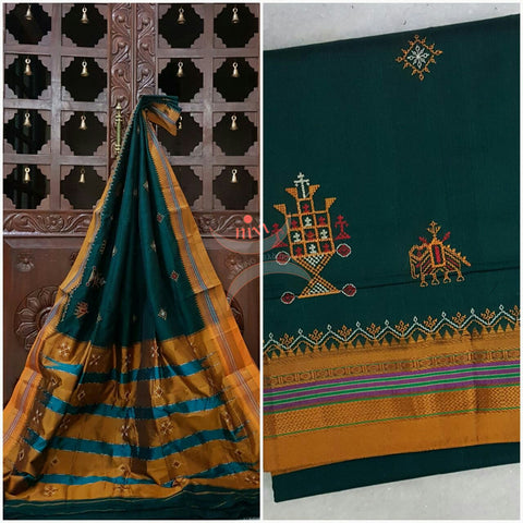 Teal with mustard silk cotton kasuti embroidered Ilkal with Anne ambari motif and traditional tope teni pallu . 
