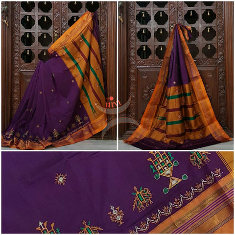Purple with mustard silk cotton kasuti embroidered Ilkal with Anne ambari  motif and traditional tope teni pallu . 