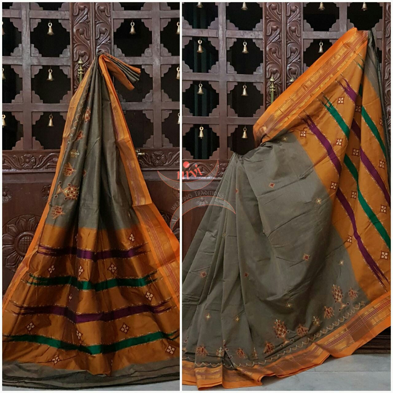 Greyish green with mustard silk cotton kasuti embroidered Ilkal with Anne ambari motif and traditional tope teni pallu . 