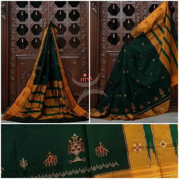 Green with mustard silk cotton kasuti embroidered Ilkal with Anne ambari motif and traditional tope teni pallu . 