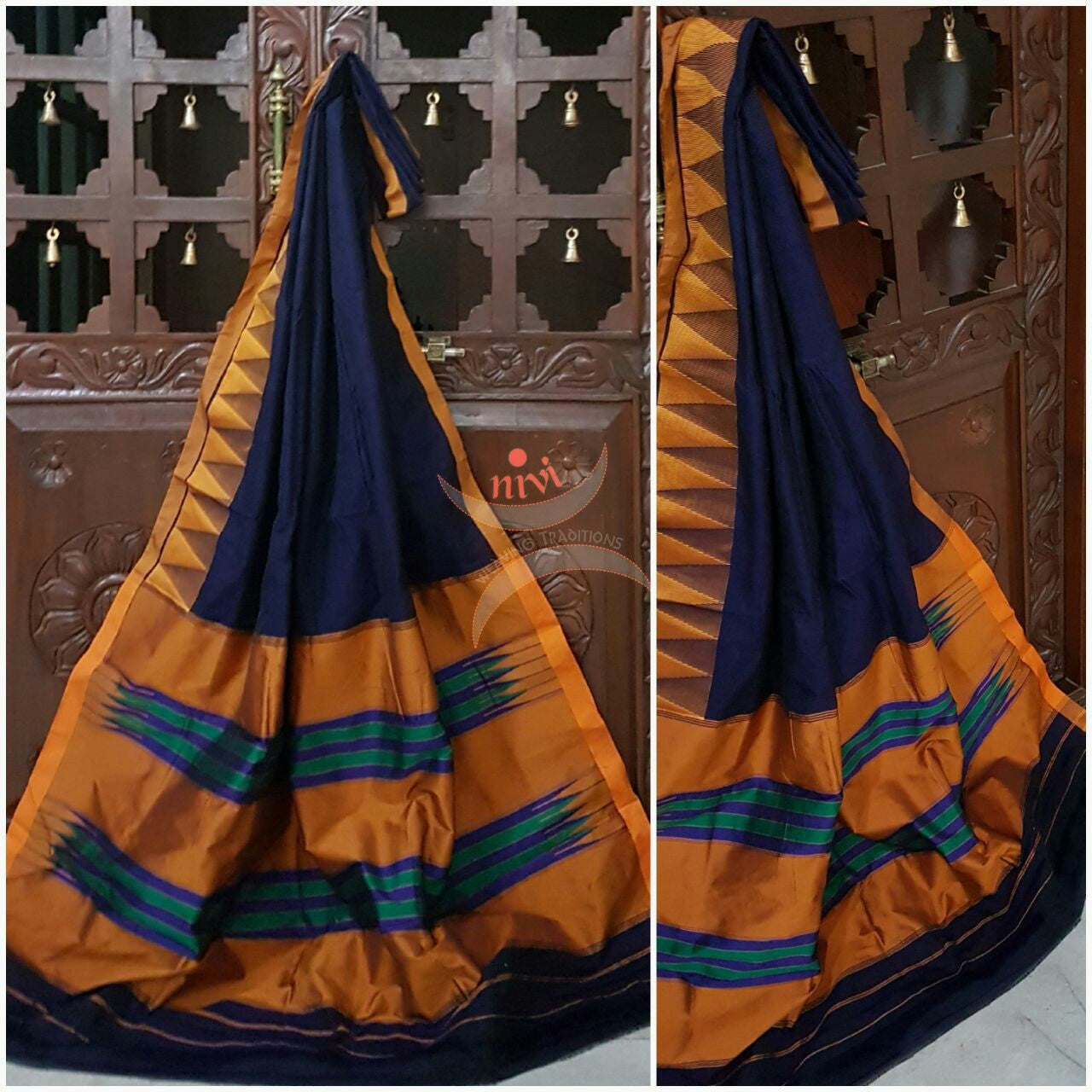 Royal blue with mustard Gadwal merserised Cotton saree with mustard temple border and traditional tope teni pallu.