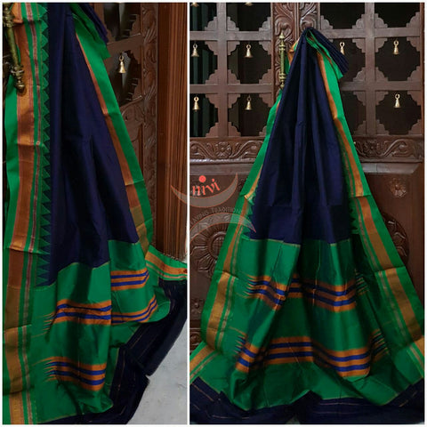 Royal blue with green Gadwal merserised Cotton saree with green temple border and Traditional topu teni pallu.