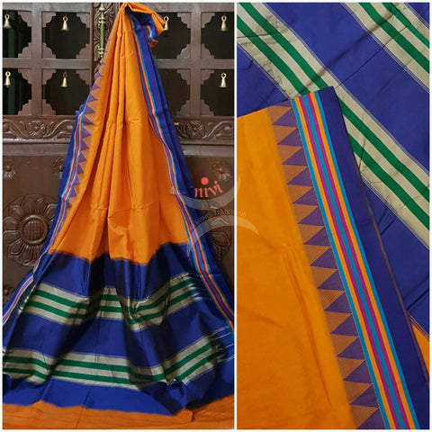 Yellow with blue Gadwal merserised Cotton saree with blue temple border and traditional tope teni pallu.