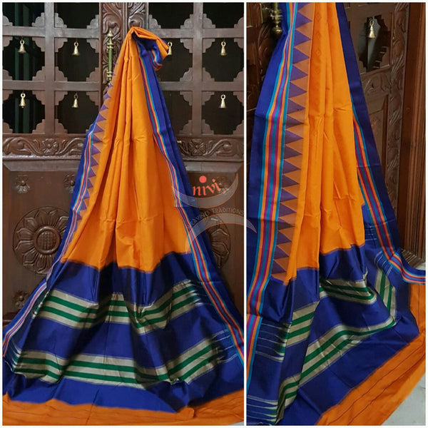 Yellow with blue Gadwal merserised Cotton saree with blue temple border and traditional tope teni pallu.