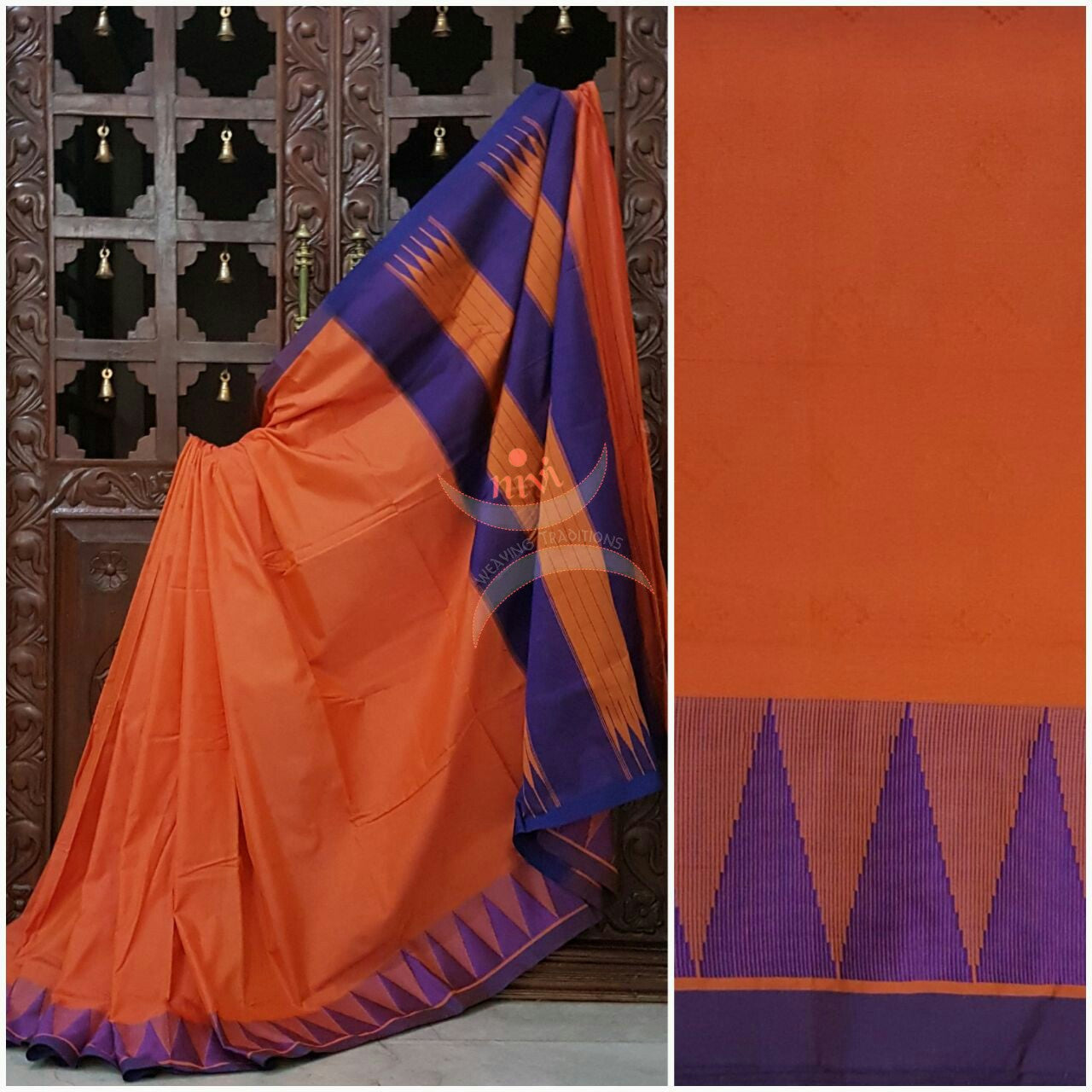 Peach with mauve Gadwal merserised Cotton saree with mauve temple border and traditional tope teni pallu.