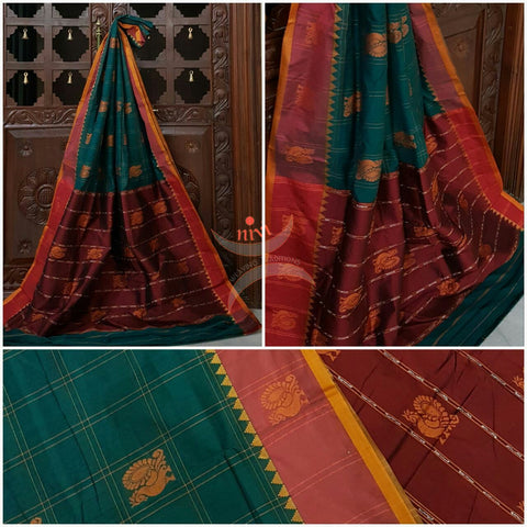 Green with maroon sico traditional South saree with peacock motif allover the saree, border and pallu.