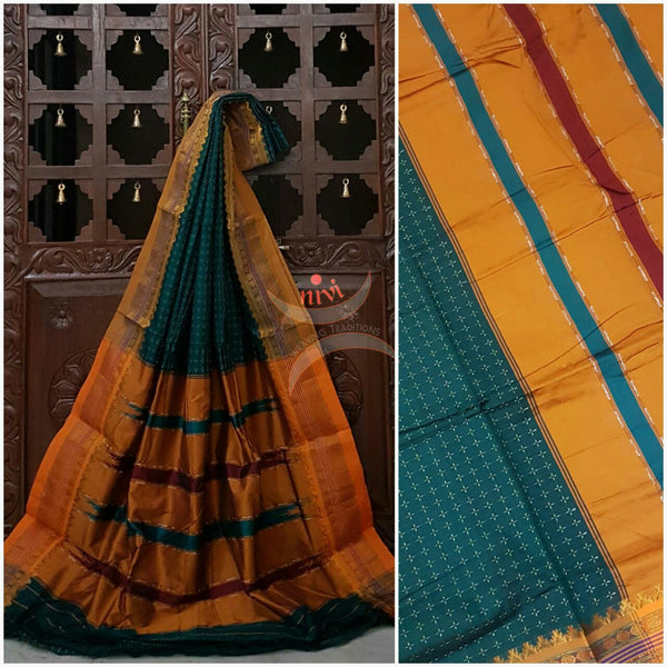 Teal with mustard silk cotton woven chukki Ilkal and traditional tope teni pallu
