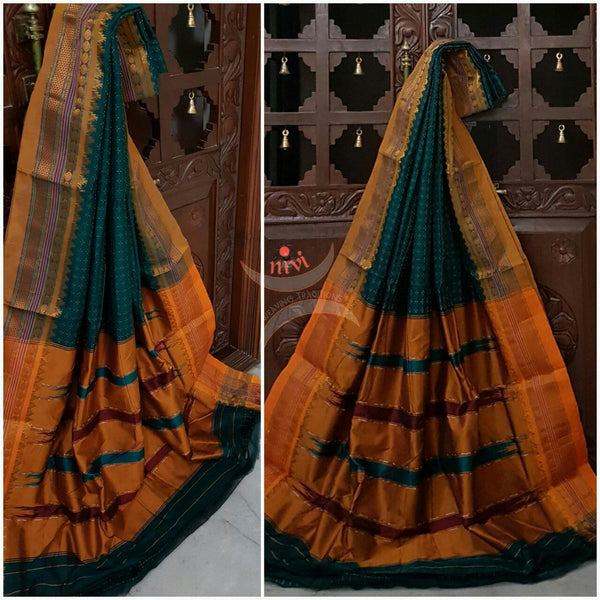 Teal with mustard silk cotton woven chukki Ilkal and traditional tope teni pallu