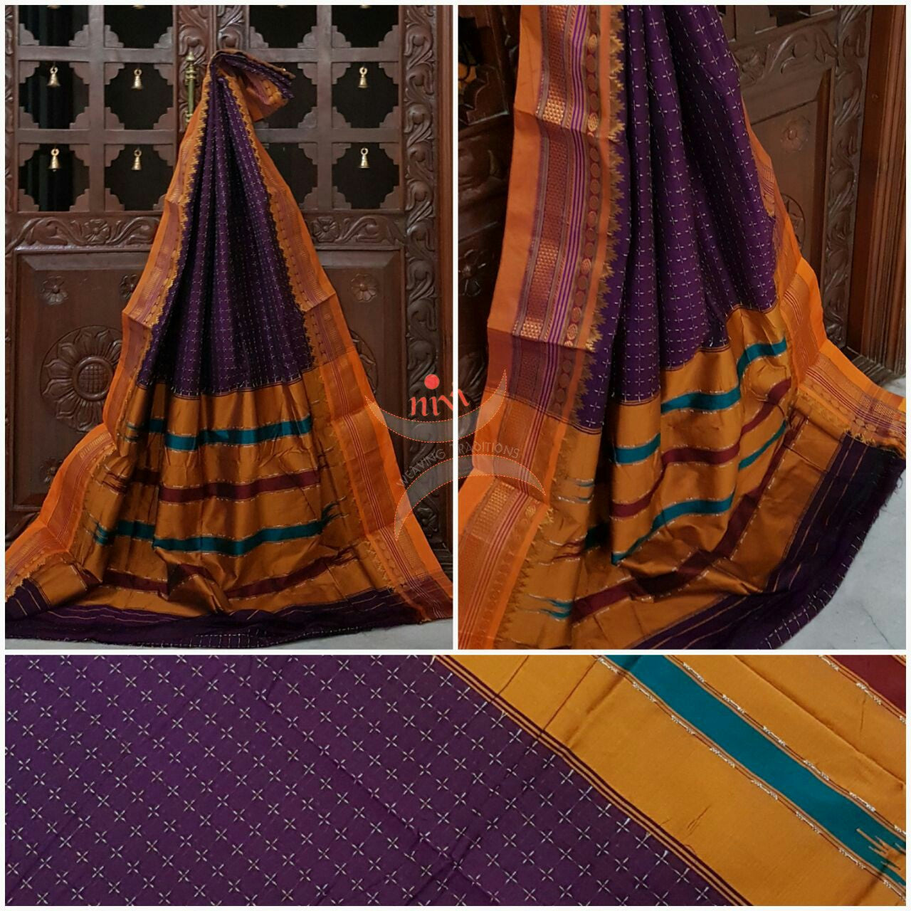 Purple with mustard silk cotton woven chukki Ilkal and traditional tope teni pallu