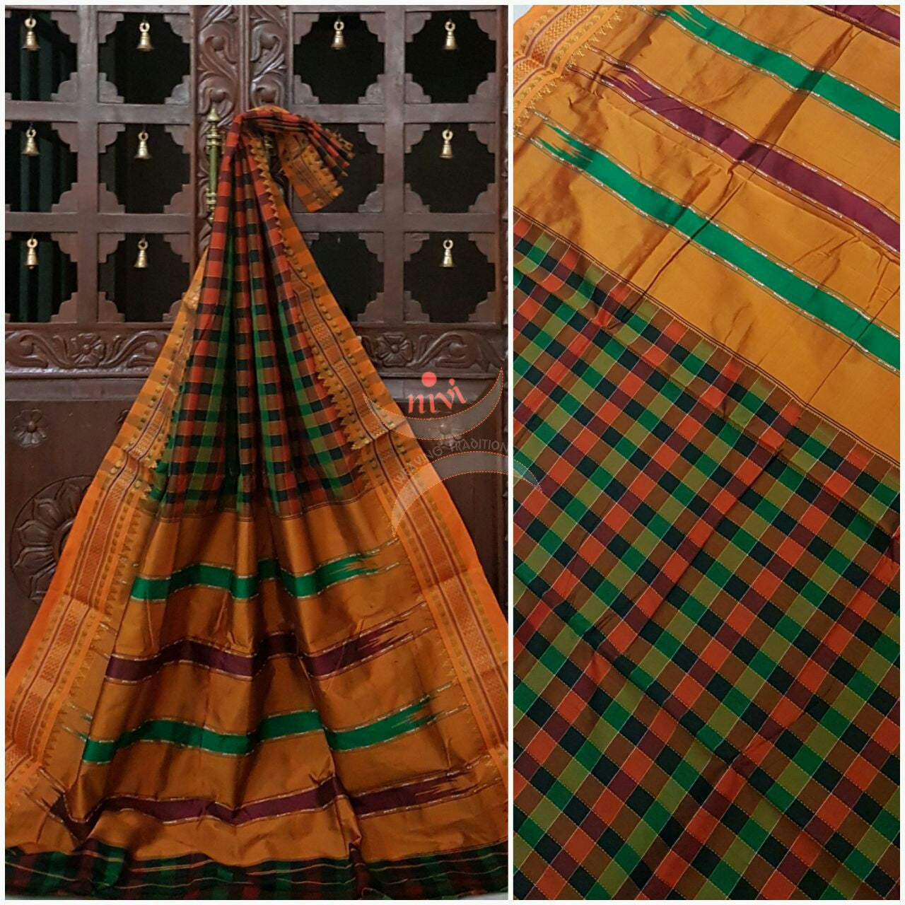 Silk cotton woven panchrangi iIlkal and traditional tope teni pallu