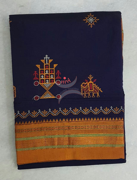 Royal blue with mustard silk cotton kasuti embroidered Ilkal with Anne ambari motif and traditional tope teni pallu . 