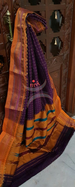 Purple with mustard silk cotton woven chukki Ilkal and traditional tope teni pallu