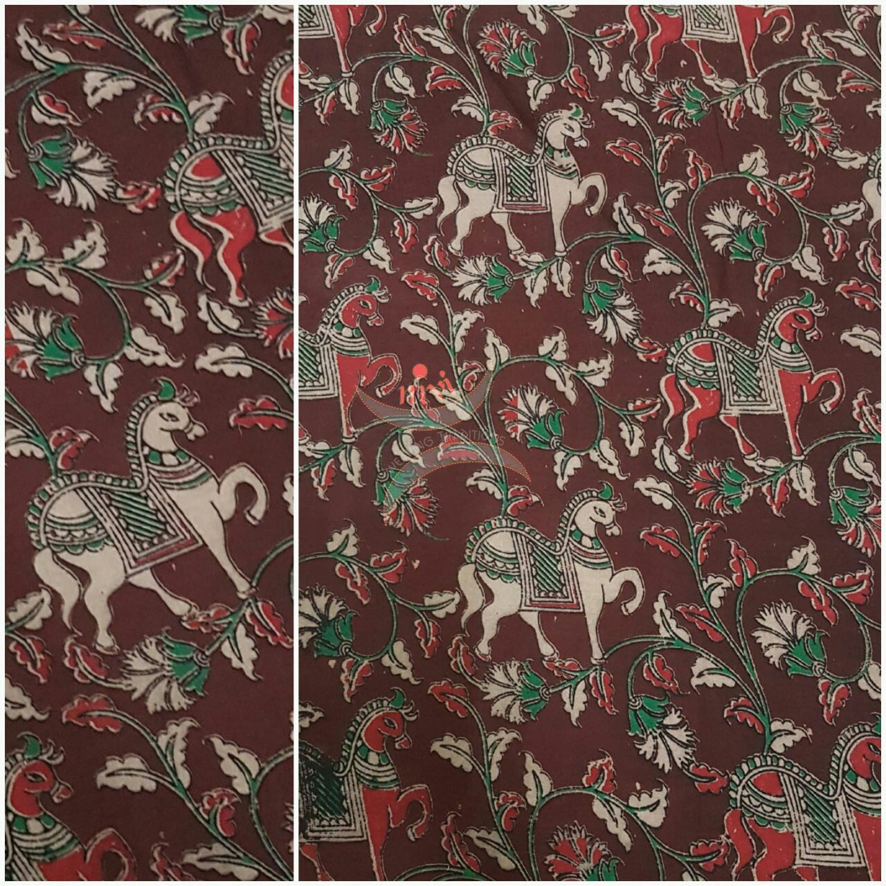 Maroon handwoven cotton kalamkari material with traditional horse and floral motifs.