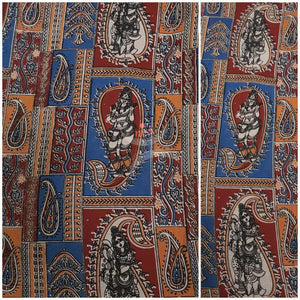 Red blue handwoven cotton kalamkari material with Paisley and Sri Krishna motifs.