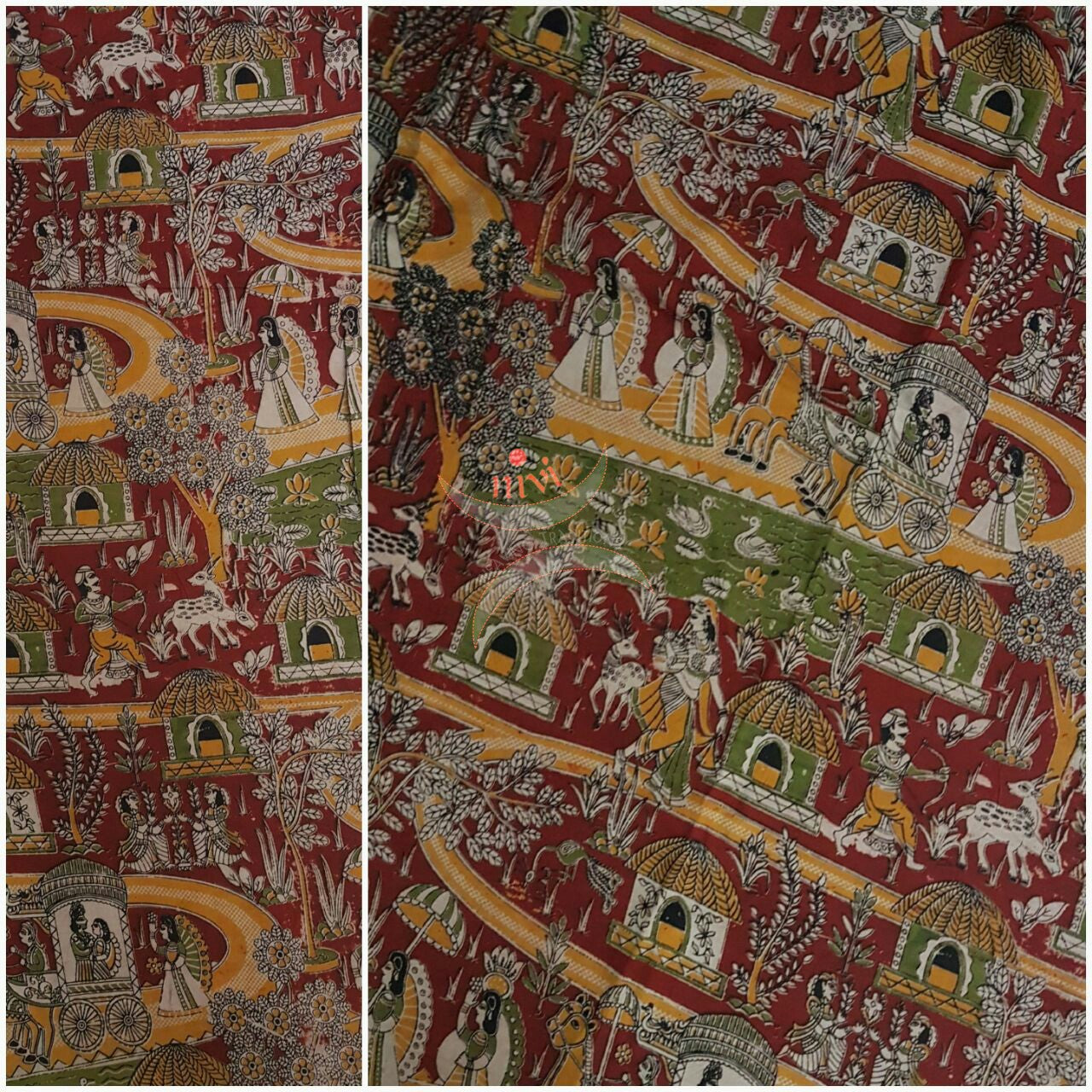 Red handwoven cotton kalamkari material with village motifs.