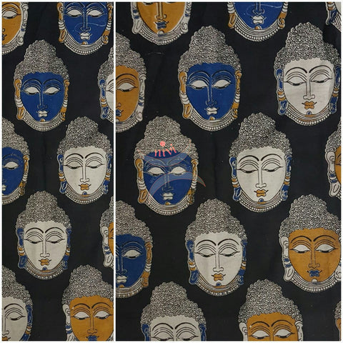 Black handwoven cotton kalamkari material with Buddha face motifs.