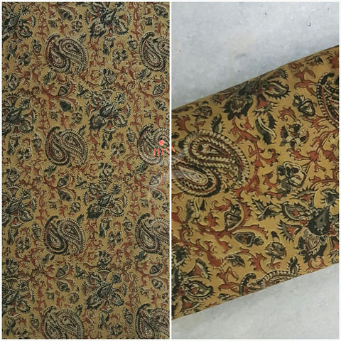 Mustard hand woven cotton kalamkari material with Paisley motifs