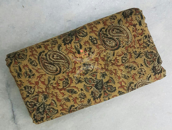 Mustard hand woven cotton kalamkari material with Paisley motifs