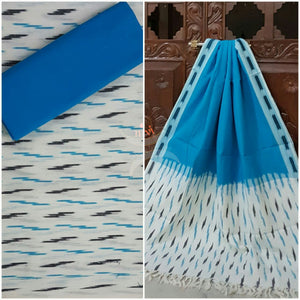 White and blue pochampalli ikat Handloom Cotton dress material