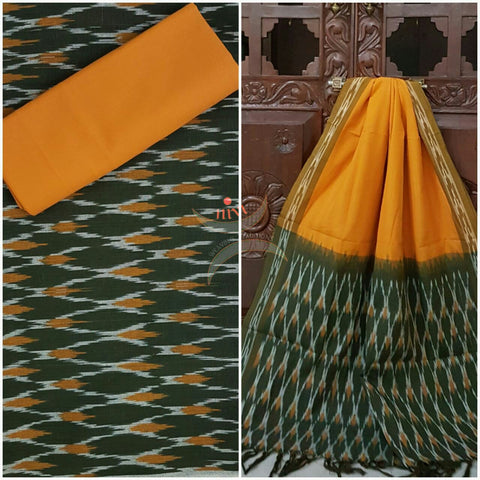 Green mustard pochampalli ikat Handloom Cotton dress material