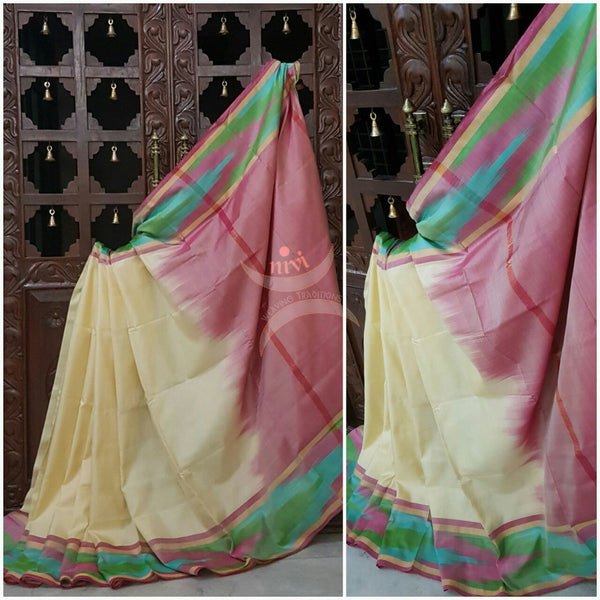 Uppada pochampalli handwoven  pure silk saree in off white and pink green combination