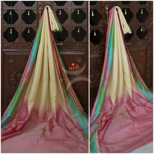 Uppada pochampalli handwoven  pure silk saree in off white and pink green combination