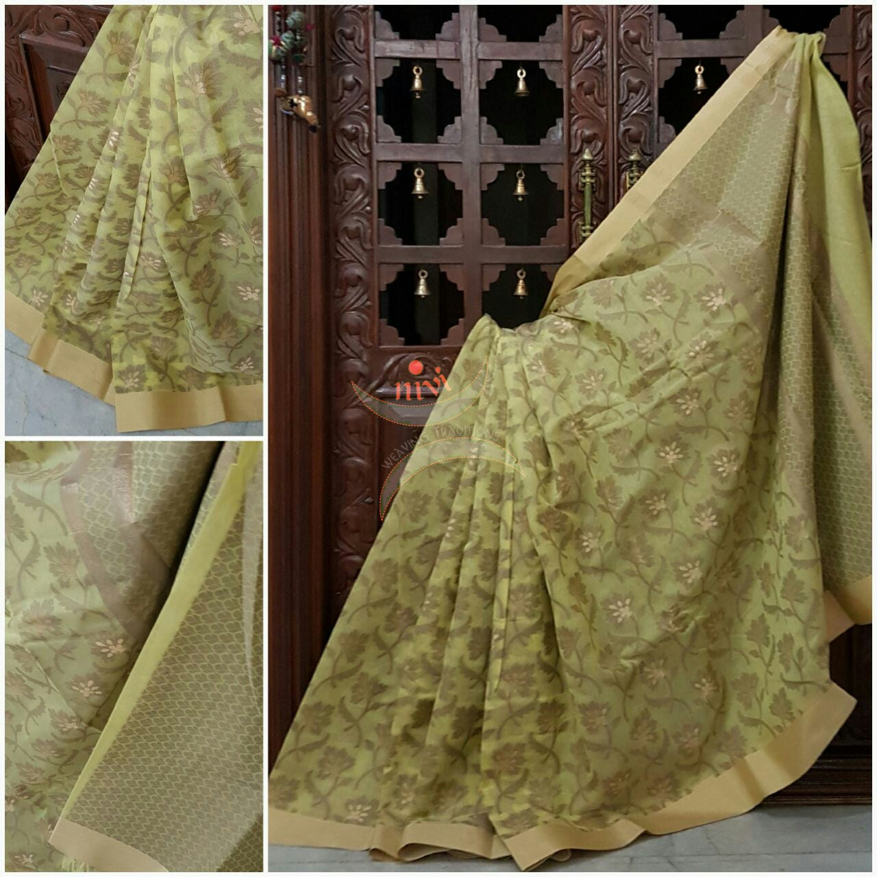 Yellow sico Benaras with allover woven floral motif and suble zari pallu.