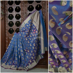 Blue purple sico Benaras with allover woven Paisley motif and suble zari pallu.