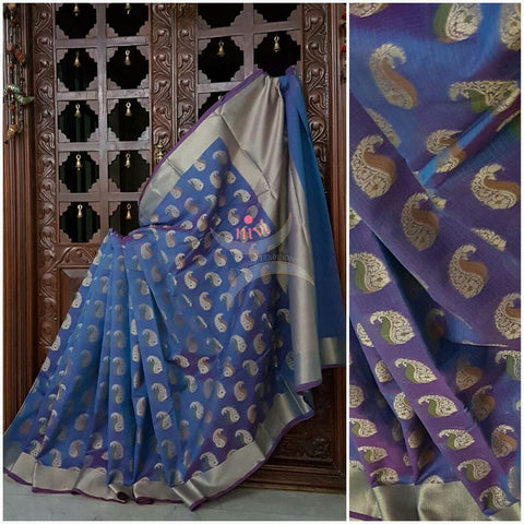 Blue purple sico Benaras with allover woven Paisley motif and suble zari pallu.