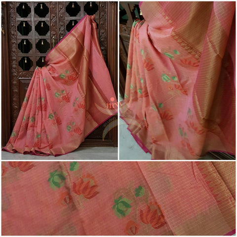 Silk cotton Handloom Benaras Brocade with woven floral motif.