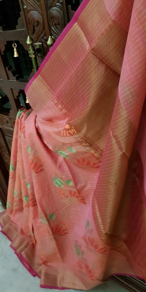Silk cotton Handloom Benaras Brocade with woven floral motif.