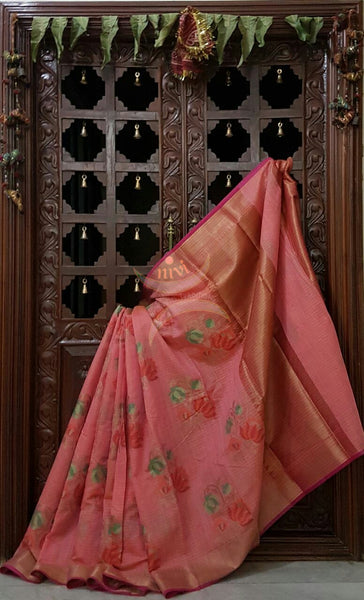 Silk cotton Handloom Benaras Brocade with woven floral motif.