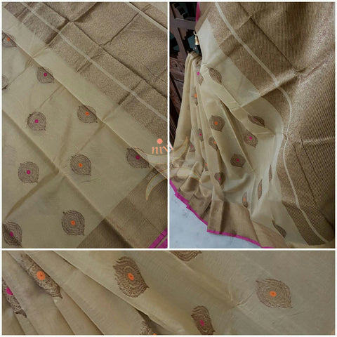 Gold Handloom chanderi silk cotton saree.