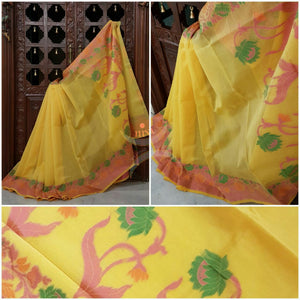 Merserised Cotton woven saree with floral motif.