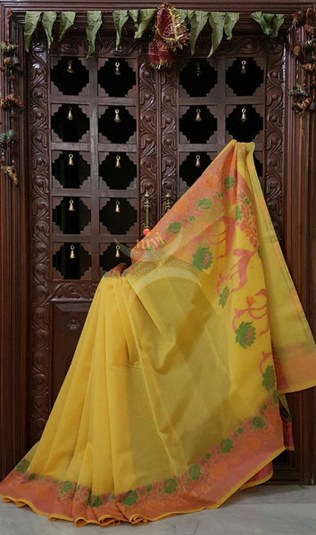 Merserised Cotton woven saree with floral motif.
