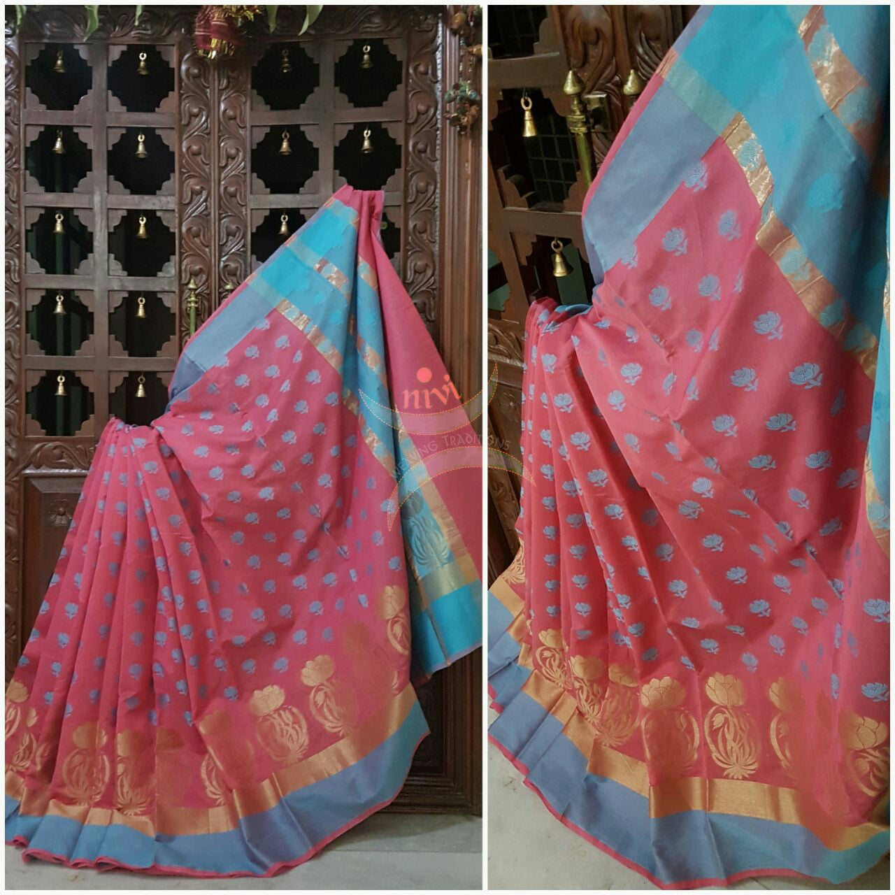 Pink blue sico Benaras woven saree with floral motif