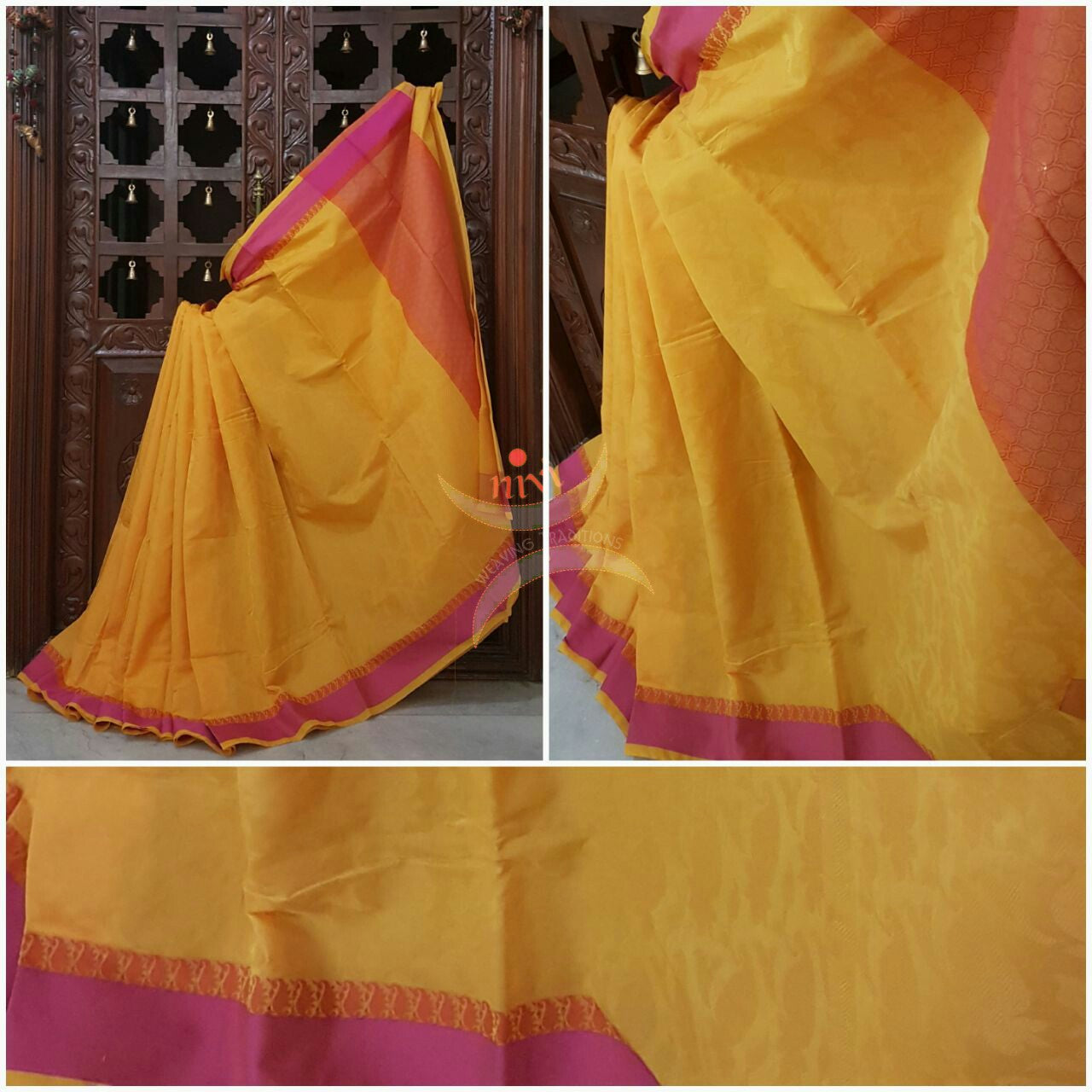 Yellow pink sico Benaras with allover Paisley motif and suble pink zari pallu.