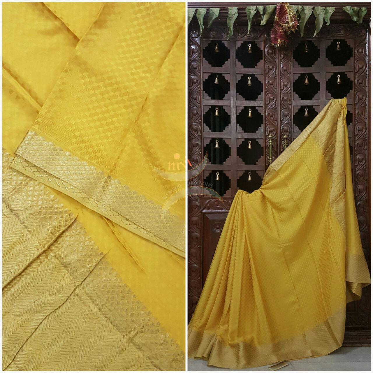 Yellow 70 gram pure crepe silk with zari border and pallu