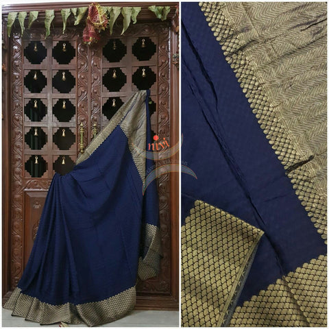 Royal blue 70 gram pure crepe silk with zari border and pallu
